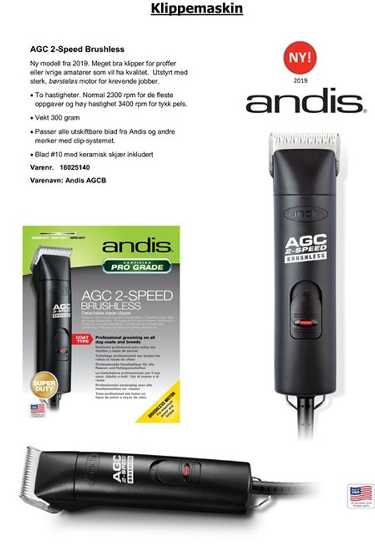 ANDIS KLIPPER AGC BRUSHLESS 2SP M/LEDNING, M/NR. 10